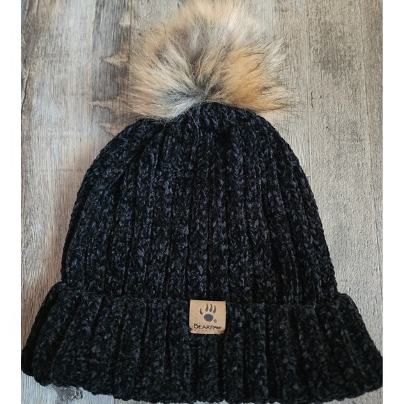 BearPaw Accessories - Bearpaw Beanie Women OSFM Black Chenille Faux Fur Pom Ribbed Knit Hat